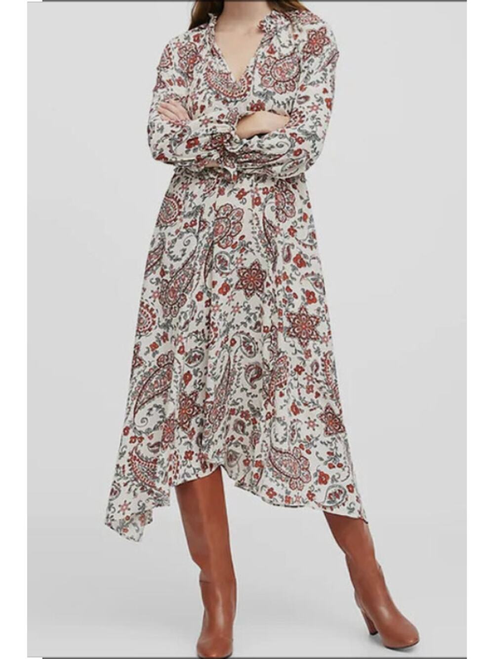 Banana Republic Paisley Boho Tie Neck Midi Dress Long Sleeve Flowy Size 14